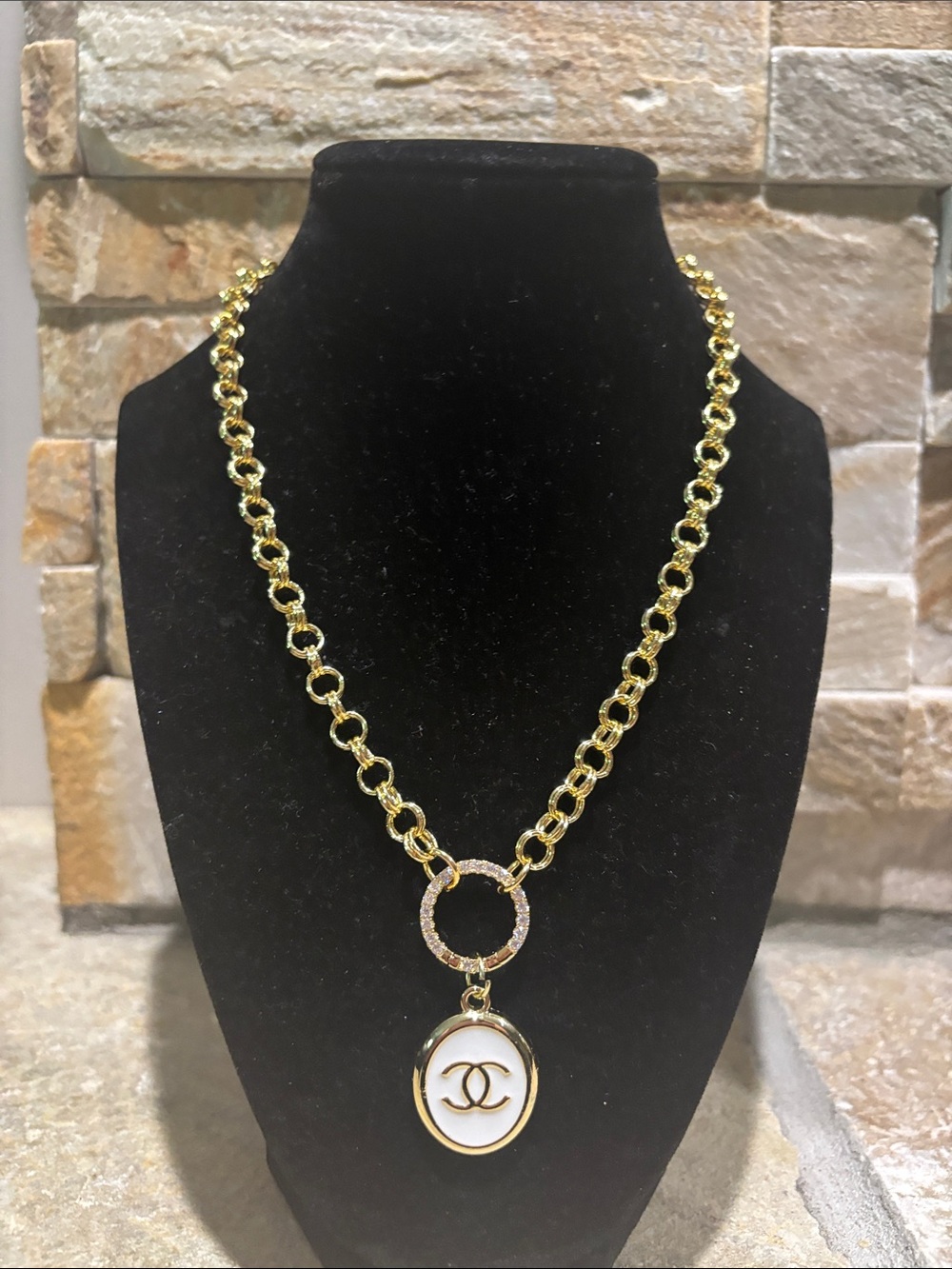 Gold Plated chunky Chain Necklace with White Enamel CC Pendant